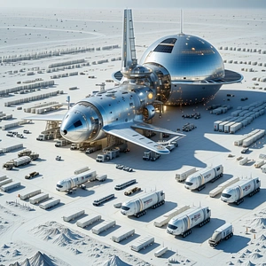 A Large Silver Airplane Parked In A Snowy Field