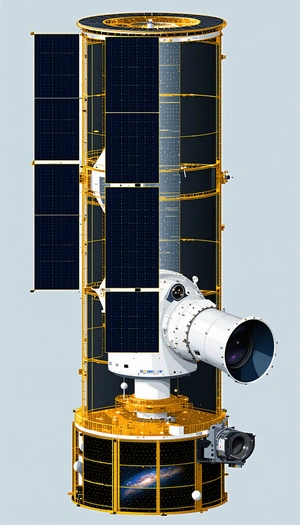 A Spacecraft Is Shown In A Close-up View, With A Large Camera Lens On The Front