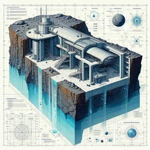 blue white drawing futuristic building