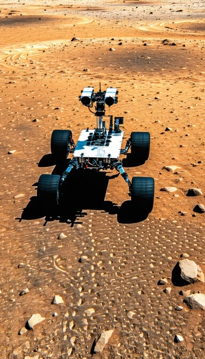 A White Robotic Vehicle With Four Wheels, Driving Across A Rocky Terrain