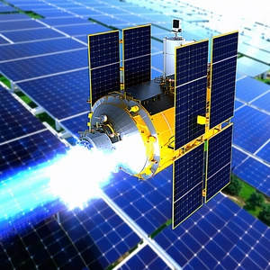 A Spacecraft With A Solar Panel On Its Side, Flying Through The Air