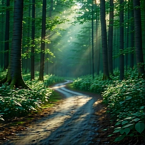Nature Digital Illustration: Path Through Dense Forest With Serene Forest
