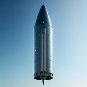 A Large Rocket Ship Is Shown In A Blue Sky, With A Clear View Of Its Underside