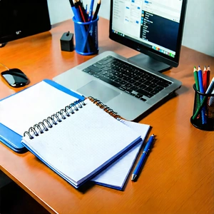 Business Professional Photography: Workplace With Notebooks And Pens On Desk With Laptop Computer