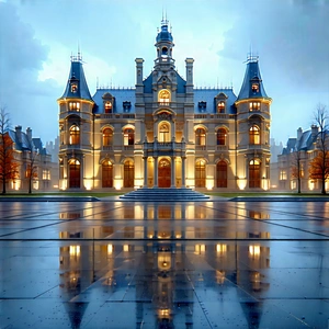 Urban Tilt-shift Photography: Historic Building With Reflective Glass With Large, Ornate