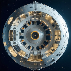 The Image Is A Close-up Of A Large, Round Spacecraft With A Central Circular Window