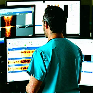 Business Advertising Photography: Healthcare professional using multiple monitors