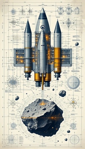 A Large Spacecraft Is Shown In A Detailed Drawing, With A Large Rock In The Foreground