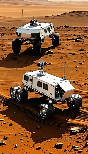 Two White Vehicles, Possibly Trucks Or Cars, Driving On A Dirt Road