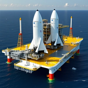 A Large White Space Shuttle Docked On A Yellow Platform In The Ocean