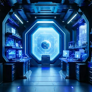 Tech Graphic Design: (futuristic:1.5) Research Laboratory With Futuristic Setting,