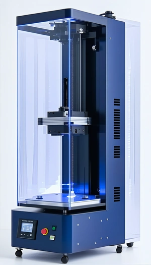 A Large Blue Machine With A Clear Glass Case Surrounding It