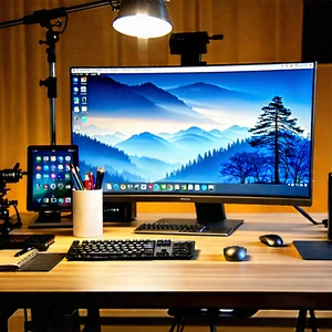 Business Landscape Photography: Workplace With Digital Devices On Desk With Large Computer