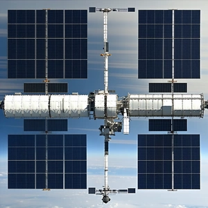 A Large Space Station With A Solar Panel Array On Its Side