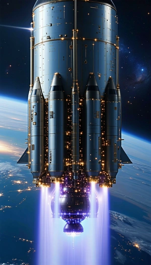 A Space Shuttle Is Shown In A Close-up View, With Its Engines Lit Up