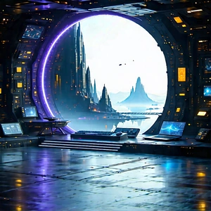 (futuristic:1.35) Digital Workspace With Futuristic Scene,