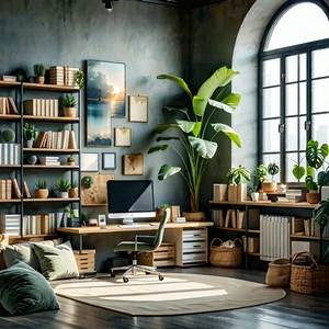 Lifestyle Drone Photography: Home Office With Comfortable Textiles With Image, There