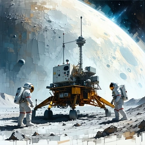 In The Image, There Are Two Astronauts Standing On The Moon, Wearing White Suits