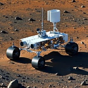 A White Robotic Vehicle Is Parked On A Rocky Surface, Possibly On Mars