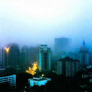 Urban Stock Photography: Cityscape Of Downtown District During Foggy Morning With Nighttime View