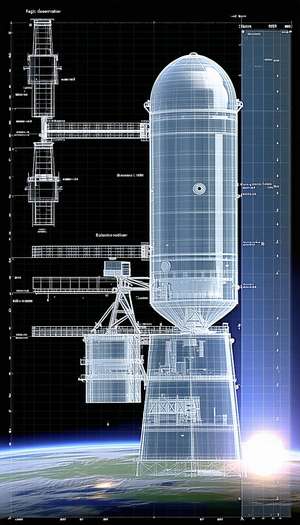 A Large, Blue, Three-dimensional Model Of A Rocket Is Displayed In A Museum