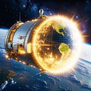 A Large Spacecraft, Possibly A Space Station Or A Satellite, Floating In The Sky