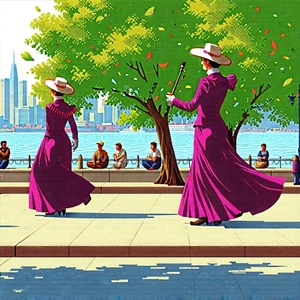 Urban Vector Art: Waterfront promenade with street performance