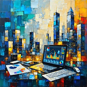 Tech Acrylic Painting: Financial Technology In Tech Office With Laptop Computer