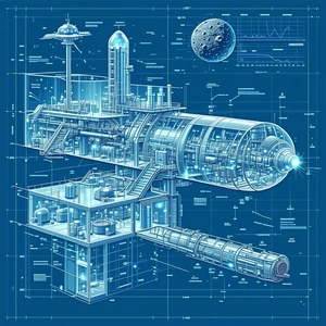 The Image Is A Blue And White Drawing Of A Space Station
