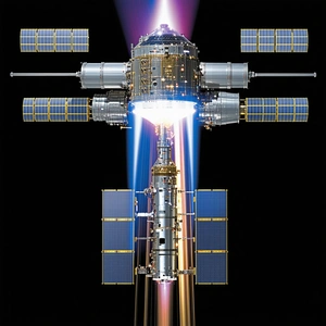 A Space Station Is Shown In A Close-up View, With A Bright Light Shining On It