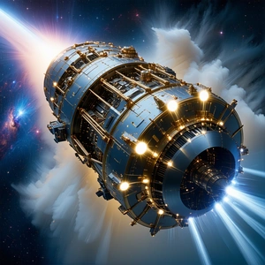 A Futuristic Spacecraft With A Blue And Gold Color Scheme, Flying Through The Night Sky