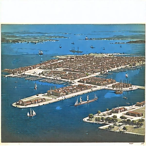Urban Etching: Aerial view of harbor district