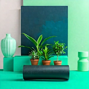 Lifestyle Infographic Style: Wellness Scene With Yoga Mat And Plants With Green Table