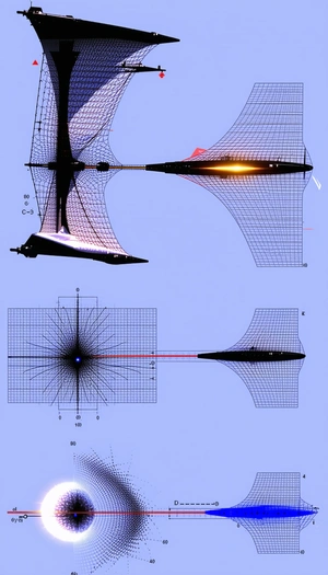 The Image Is A Blue Graphic Of A Spacecraft, With A Red Line Running Through It