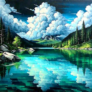 Nature Gouache Painting: (dramatic:1.16) (clouds:1.22) over alpine (lake:1.38)
