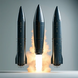 Three Rockets, Each With A Distinct Design, Standing Side By Side