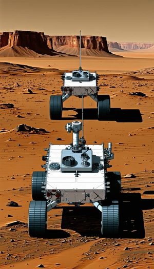 Two White Robotic Vehicles, Each With Four Wheels, Driving Across A Dirt Field