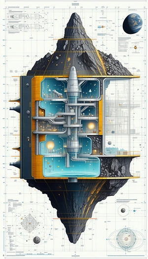 A Large, Intricate Drawing Of A Space Station Is Displayed In A Book