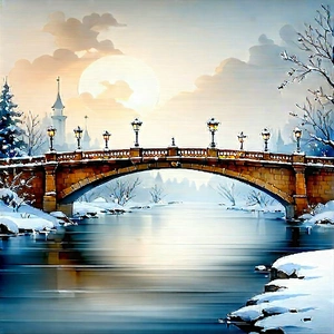 Urban Watercolor Painting: Iconic Bridge With Snow Covering With Beautiful Bridge