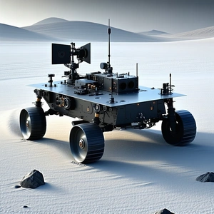 A Large, Futuristic Robotic Vehicle With Four Wheels, Sitting On A Snowy Surface