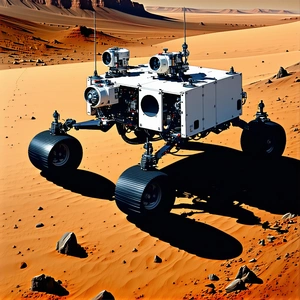 A Large Robotic Vehicle, Possibly A Tank, Driving Across A Desert Landscape