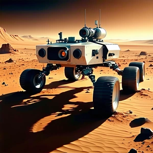 A Robotic Vehicle Is Parked On A Dirt Surface, With Its Wheels Visible