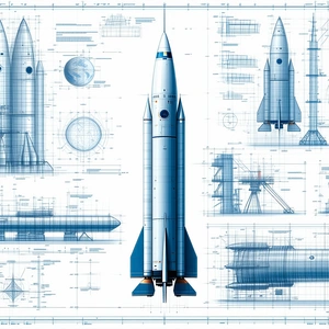 A Blue Rocket Ship Is Shown In A Series Of Blueprints, With Each Section Labeled