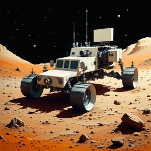 A Futuristic Vehicle Is Driving On A Rocky Surface, Possibly On Mars