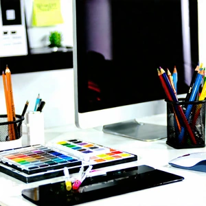 Business Acrylic Painting: Workplace with modern office supplies on desk