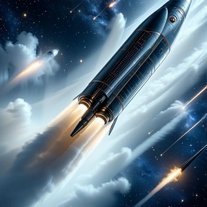 In The Image, There Is A Space Shuttle Flying Through The Sky, Leaving A Trail Of Smoke Behind It