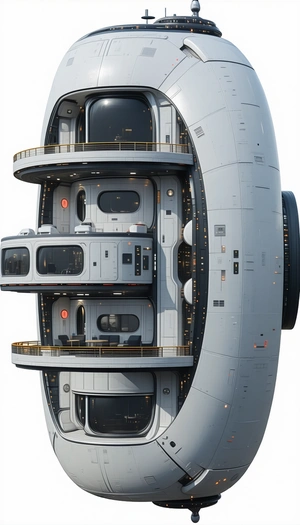 A Large White Spacecraft Is Shown In A Three-dimensional View
