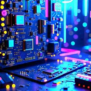 Circuit Board With Neon Accents With Close-up Computer