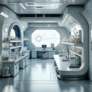 The image depicts a futuristic laboratory with a large window, prov...