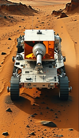 A Large White Vehicle Is Driving On A Sandy Surface